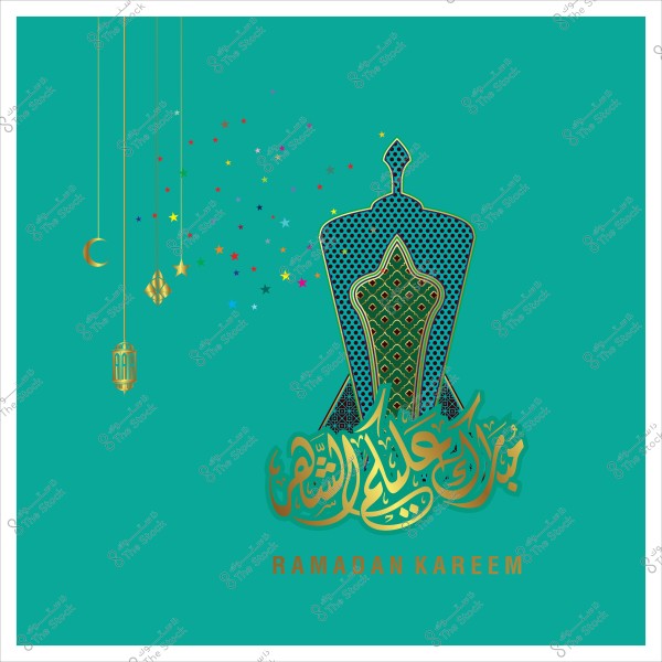 تصميم يتضمن عناصر رمضانية على خلفية خضراء. يظهر في التصميم قنديل رمضان, هلال, ونجوم ملونة. في الوسط, يوجد خط عربي ذهبي يكتب \"رمضان كريم\" مع تزيين زخرفي خلفه.