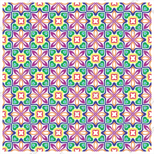 Colorful geometric mosaic pattern featuring symmetrical floral designs in various colors such as purple, green, and orange.