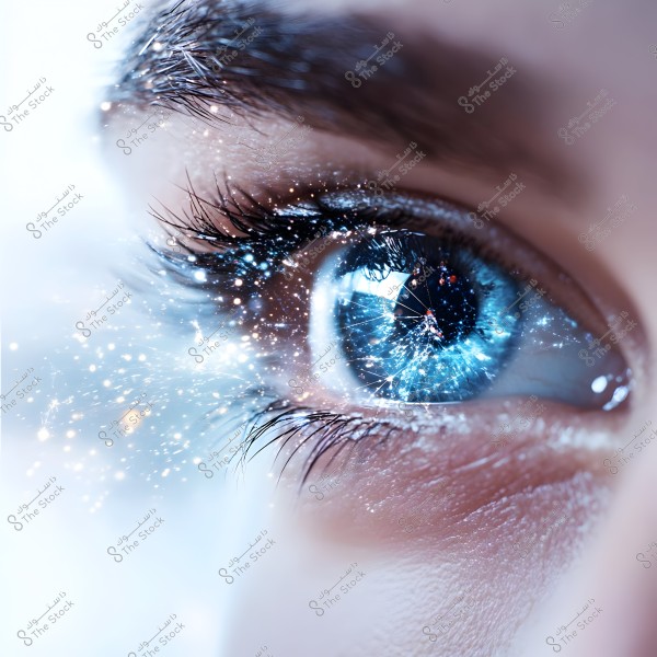 A close-up of a blue eye showing intricate details, with digital visual effects and bright lights resembling networks or complex patterns representing technology or connectivity. The eye is surrounded by long lashes, and fine details of the skin around it are visible.
