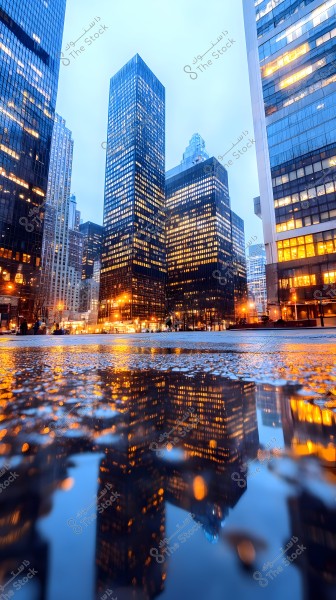 A nighttime image of a cluster of skyscrapers in a city with the reflection of building lights in a puddle on the ground. The warm lights illuminate the tall buildings, contrasting with the blue sky in the background. The reflections of the lights create an enchanting and urban scene.