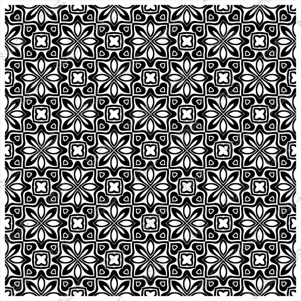 نمط زخرفي أبيض وأسود يحتوي على أشكال هندسية وزهور متكررة في تصميم متماثل.