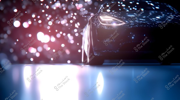 Image of the front part of a sleek modern car under lights with galaxy-like light effects in the background. The photo showcases the left front of the car with its headlights on, reflecting on the shiny surface.