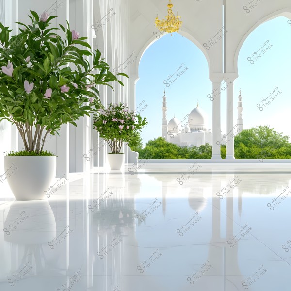 The image shows a wide corridor with a shiny floor and white walls featuring large arched windows. There are potted trees in white pots on the left. In the background, a white dome and minarets are visible, possibly part of a large mosque, surrounded by green trees and a golden chandelier hanging from the ceiling.