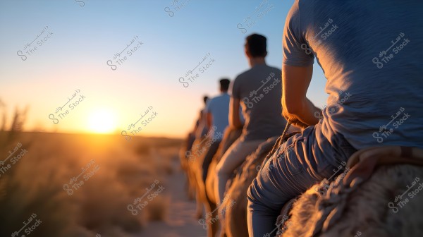 A group of people riding camels in a single file in the desert during sunset. The individuals are wearing casual clothing like t-shirts and trousers. The bright setting sun illuminates the scene with a clear sky and desert sands in the background.