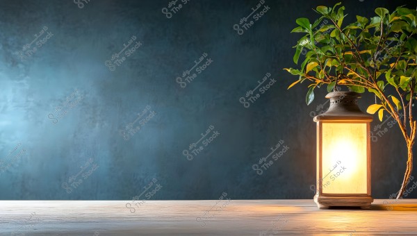 A lit lantern placed on a wooden table with a plant featuring green leaves beside it. The background is dark with blue tones, adding to the serene and calming atmosphere of the image.