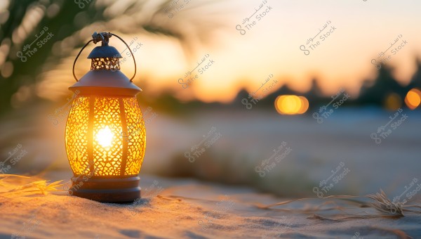 A lit Ramadan lantern placed on the sand, showcasing intricate illuminated patterns inside. The golden rays of the sunset intermingle with the lantern, creating a warm and serene atmosphere. Blurred palm trees appear in the surrounding natural background, enhancing the beauty and spirituality of the scene.