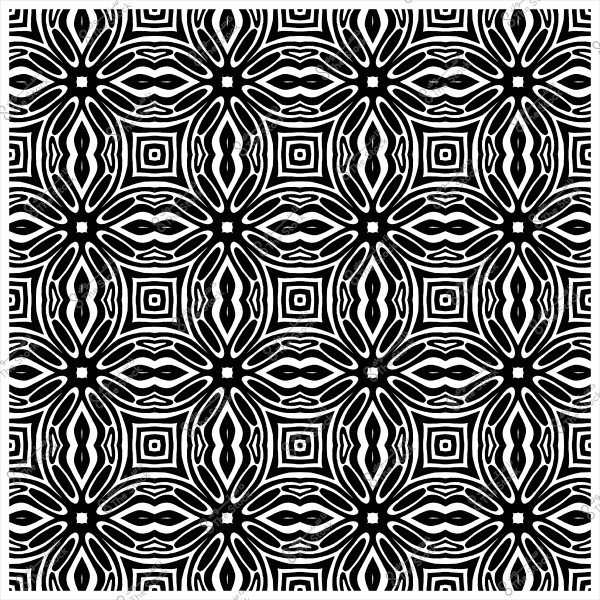 A repeating black and white pattern with circular geometric shapes and squared corners.