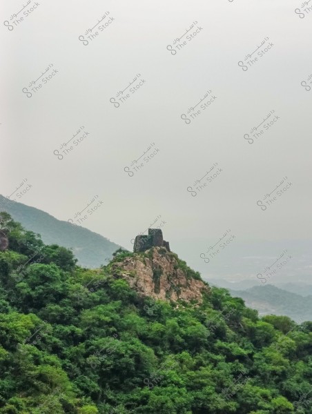 A scenic view of a small fortress on top of a hill within a dense forest, covered with green trees. Backgrounds of clouds and distant mountains appear on the horizon.