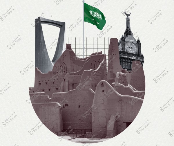 An image featuring famous landmarks of Saudi Arabia. In the foreground, the traditional mudbrick buildings of Diriyah are visible. In the background, the iconic Kingdom Tower in Riyadh and the Makkah Clock Tower are depicted. A green Saudi Arabian flag is waving prominently in the center.