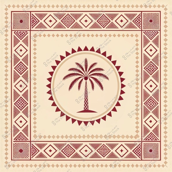 تصميم زخرفي يتضمن شجرة نخيل في مركز الصورة محاطة بحدود هندسية حمراء وأشكال ماسية. الخلفية بلون بيج فاتح. الزخارف تحتوي على تكرار لنقوش هندسية تضفي مظهراً تقليدياً.