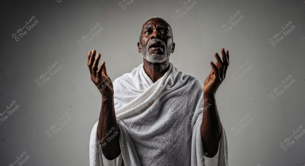 Image of an African-origin man standing against a gray background, wearing a white Ihram, raising his hands in a prayer position, reflecting an atmosphere of spiritual reflection and devotion.
