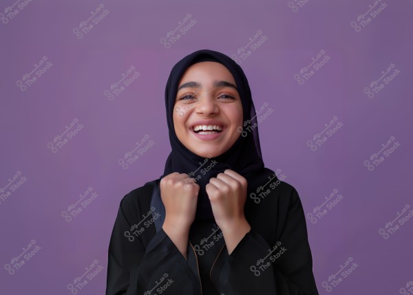 A portrait image of a young girl wearing a black hijab and an abaya. She is smiling happily, expressing joy. The background of the image is a vibrant purple color.