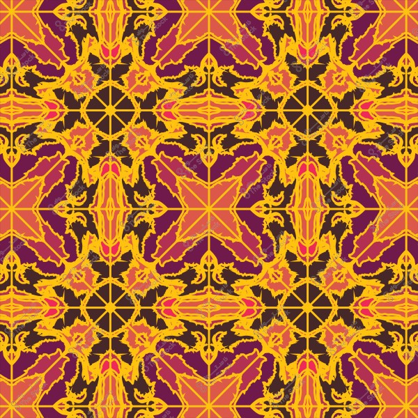 Symmetrical decorative pattern in orange and pink colors on a purple background.