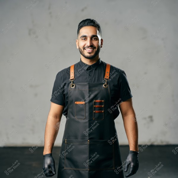 An image of a man standing with a smile, wearing a black shirt and a black apron with brown leather details and black gloves. The background is grey and abstract, and the man stands confidently and stylishly, suggesting that he works in a field requiring professionalism and style.