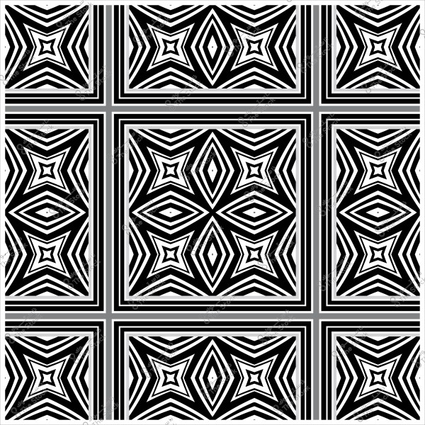 تصميم هندسي أبيض وأسود بنمط متكرر يحتوي على أشكال نجمية وخطوط متقاطعة.
