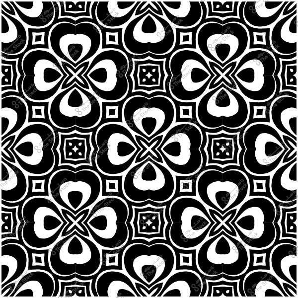 نمط أبيض وأسود متكرر بتصميم زخرفي يشبه الزهور والقلوب.