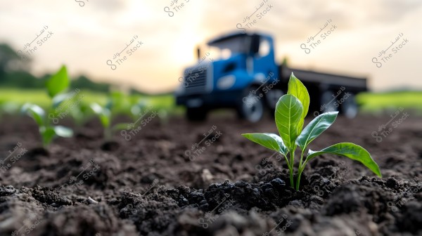 An image focusing on a small green plant sprouting from dark soil in the foreground, with a blurred blue truck in the background stationed in an open field. The sky is light-hued, suggesting sunrise or sunset.