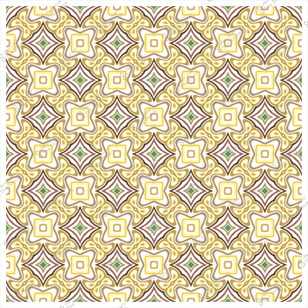 نمط هندسي متماثل بألوان ذهبية وخضراء وبنية, يشكل تصميمًا متكررًا يشبه الأزهار والنجوم.