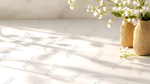 Two wicker vases containing small white flowers, placed on a white surface. Soft sunlight flows through the room, creating decorative shadows on the surface.