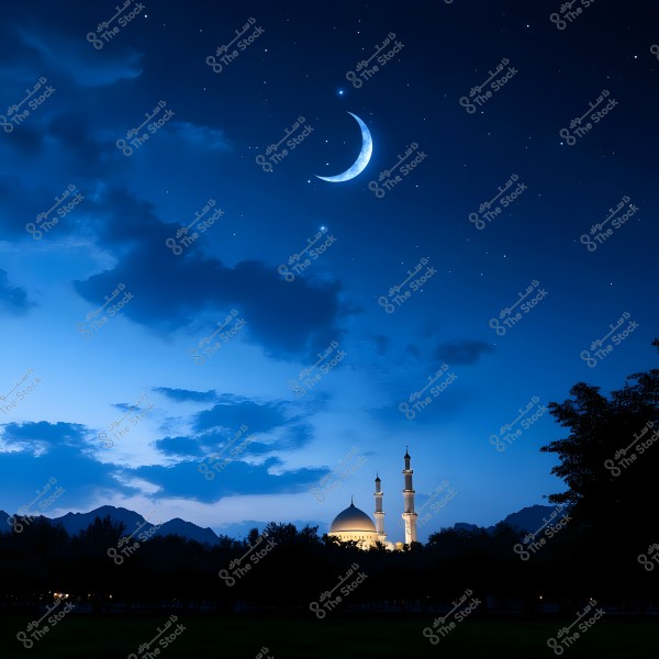 An image of a night sky with a glowing crescent moon and scattered stars, interspersed with some clouds. Below, a mosque with a dome and two illuminated minarets is visible among trees, with mountains in the background. The atmosphere is calm and serene.