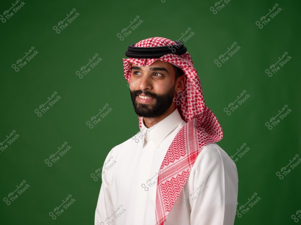 صورة لرجل يرتدي الزي الخليجي التقليدي, يتكون من ثوب أبيض وغترة حمراء وبيضاء وعقال أسود. الرجل يقف مبتسمًا أمام خلفية خضراء.