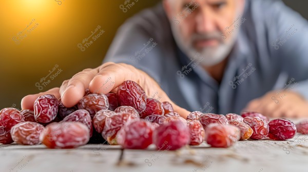 Image of an out-of-focus man wearing a light gray shirt, extending his arm toward a pile of reddish-brown dates on a wooden surface. The background light gives warmth to the image.