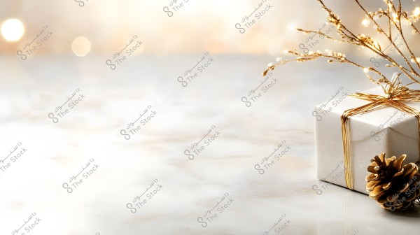 An image of a gift wrapped in white paper adorned with a shiny gold ribbon, placed on a marble-like surface, with a golden pine cone next to it. In the background, there are soft lights adding a festive touch to the scene.