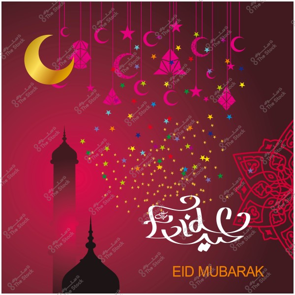 تصميم عيد مبارك يتضمن هلال نجمي ومزين بفوانيس وهلال متعدد الألوان مع ظل مئذنة وخلفية بنمط زخرفي.