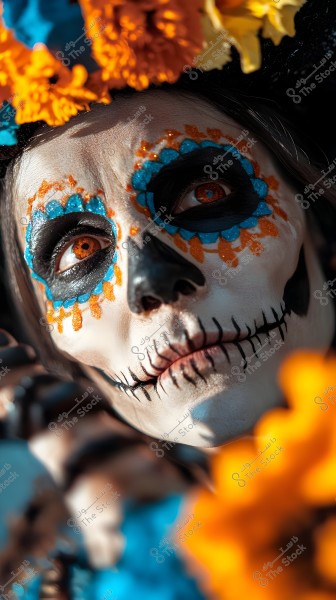 Close-up image of a person wearing Catrina-inspired face makeup, featuring detailed blue and orange designs around the eyes, and black stitching details extending from the nose to the mouth. The head is adorned with bright yellow and orange flowers.