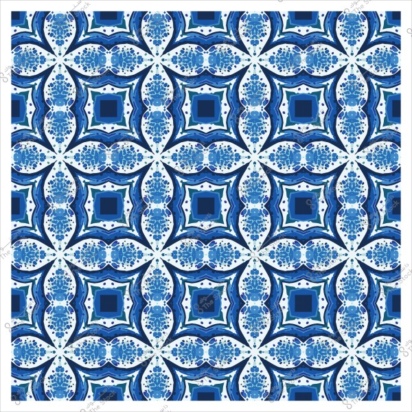 نمط هندسي أزرق على أرضية بيضاء يحتوي على أشكال مربعة ودائرية مزخرفة.