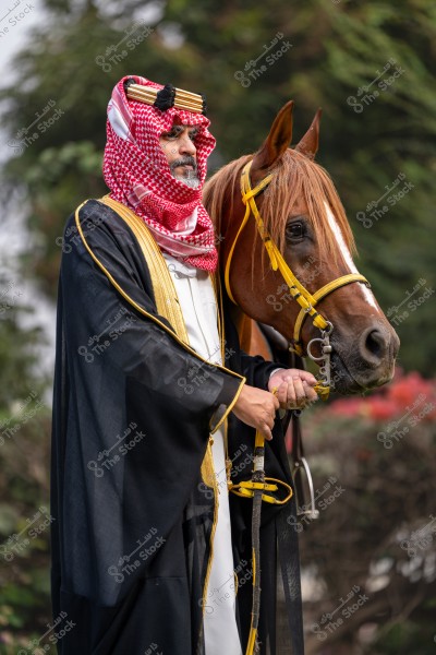 A man wearing traditional Gulf attire including a red and white keffiyeh and agal, with a white thobe and a black bisht with gold embroidery. He stands beside a brown horse with yellow harnesses. The background is blurred with green plants.