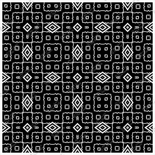 نمط زخرفي أبيض وأسود متقاطع يتضمن أشكال هندسية وزخارف متماثلة.