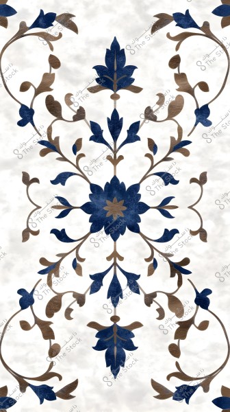Decorative design featuring floral motifs with blue and brown flowers and leaves against a white background. The pattern is symmetrical and balanced, giving the image an artistic feel.