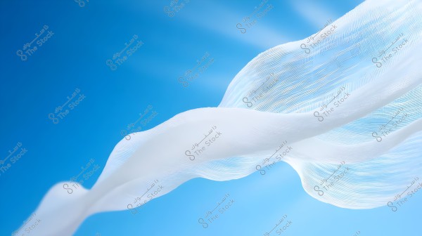 An image depicts a piece of white sheer fabric floating in the air against a clear blue sky background. The fabric appears light and delicate, with visible details of its texture.