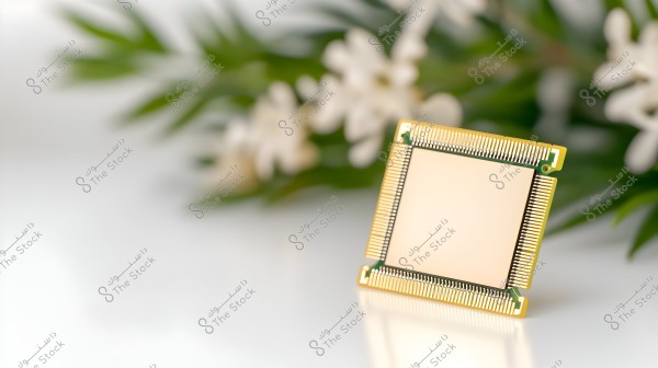 A rectangular electronic chip with golden edges placed on a white surface, with a blurred background featuring a plant with green leaves and white flowers.