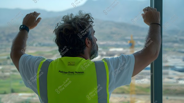 يظهر في الصورة شخص من الخلف يرتدي سترة أمان صفراء فوق قميص أبيض, واقفًا أمام نافذة زجاجية كبيرة. يضع الشخص يديه على النافذة, موجهًا نظره إلى الخارج حيث يظهر منظر طبيعي يشتمل على تلال وضباب في الأفق, بالإضافة إلى بعض الهياكل والأبراج الإنشائية.