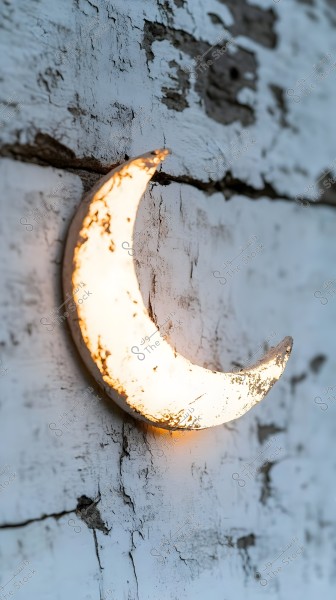 An image of a crescent-shaped lamp mounted on a weathered wooden wall with peeling white paint. The lamp emits a warm glow, creating a striking contrast with the textured background.