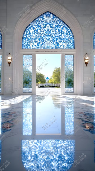 Interior view of a large mosque chamber featuring a shiny marble floor reflecting blue and white lights. The arched windows are adorned with blue and white stained glass designs. In the center, an open doorway leads to a green garden and a small mosque with a blue dome in the background. Traditional lamps flank the windows.