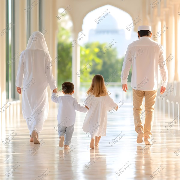 A family of four walking together in a corridor with Islamic architectural arches in the background. The woman is wearing a white abaya and hijab, while the man is dressed in a white shirt, beige trousers, and a white cap. The two children are wearing white clothes. The scene is lit with warm daylight and green nature is visible in the background.