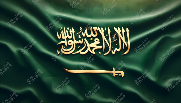 Image of the Saudi Arabian flag, featuring a green background with the Shahada written in stylish white Arabic script in the center, and a horizontal white sword below it. The flag appears to be waving in the wind.