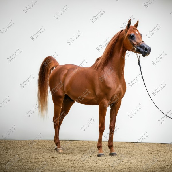 A photo of a purebred Arabian horse with a brown coat standing on a sandy ground. The horse features a well-proportioned body and a long tail, with a bridle held taut. The white background highlights the horse\'s beauty and details.