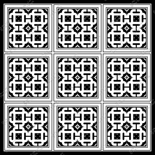 A set of decorative tiles in black and white with a repetitive geometric design.