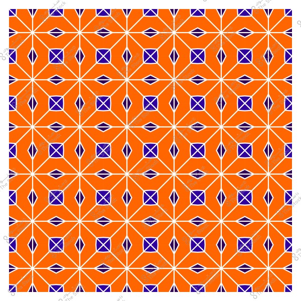 نمط هندسي متماثل يحتوي على مربعات برتقالية تحتوي على أشكال ماسية زرقاء وأشكال هندسية بداخلها, مع توزيع متناظر على كامل التصميم.

-