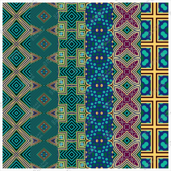 أنماط هندسية ملونة بألوان متعددة تشمل الأزرق والأصفر والأخضر والبنفسجي, بنمط تكراري جانبي.