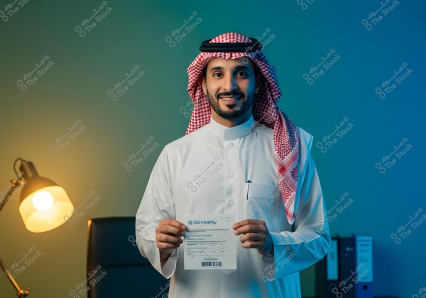 A portrait of a man standing in an office holding a paper in his hand. He is wearing a white thobe and a red and white ghutra with a black agal, a traditional Saudi Arabian outfit. In the background, there is a lit lamp, a chair, and some files.