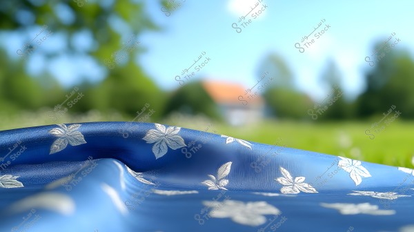 The image shows a blue fabric adorned with white floral patterns spread out in the foreground. The background is blurred, displaying a blue sky with a few clouds and green trees, creating a natural and serene atmosphere. A house with an orange roof is faintly visible in the background.