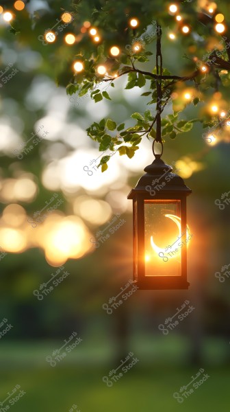 A lit lantern hanging among tree branches, featuring a crescent and warm light inside. The background has a bokeh effect with shining lights resembling stars in the sky, as natural light fades on the horizon with green tree leaves.