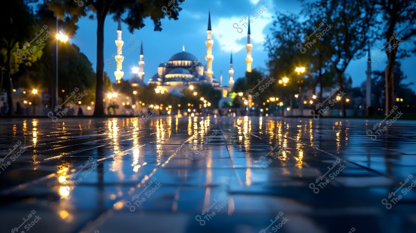 View of a large mosque in the evening with night lights reflecting on the wet ground. The sky is blue with light clouds, and the mosque\'s minarets are beautifully illuminated, surrounded by lit-up trees.