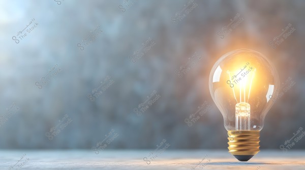 An image of a lit light bulb on a flat surface. The bulb is glowing with a warm yellow light, standing out against a blurred blue-gray background.