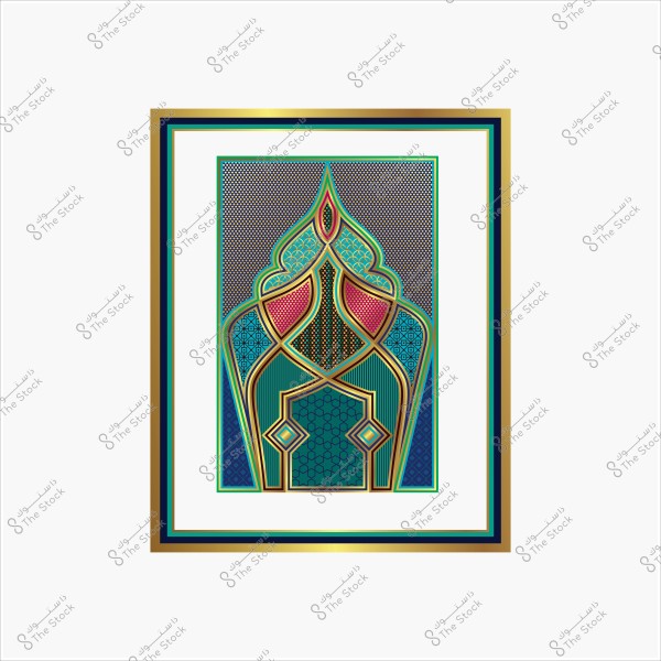Artistic design with colorful geometric shapes and Islamic patterns in a frame.
